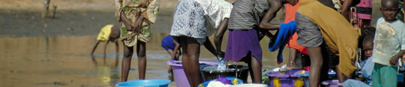 Children washing laundry in a freshwater pool, with potable water, generated through upwelling from the dam, Saloum Delta, Senegal